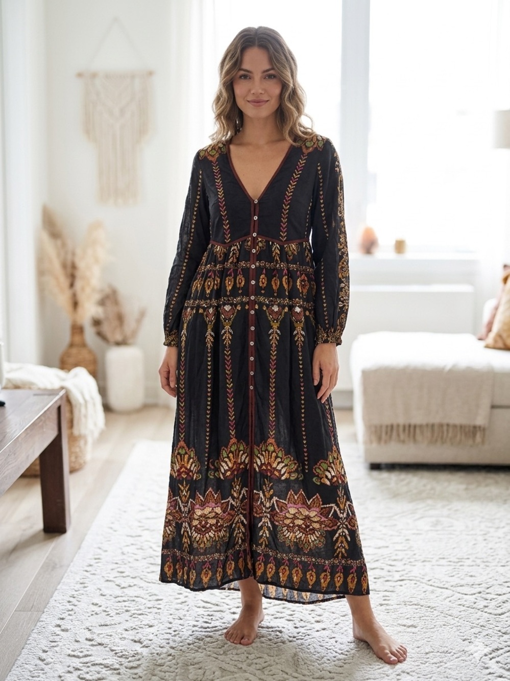 Free People Black Bohemian Maxi Dress with Autumn Print
